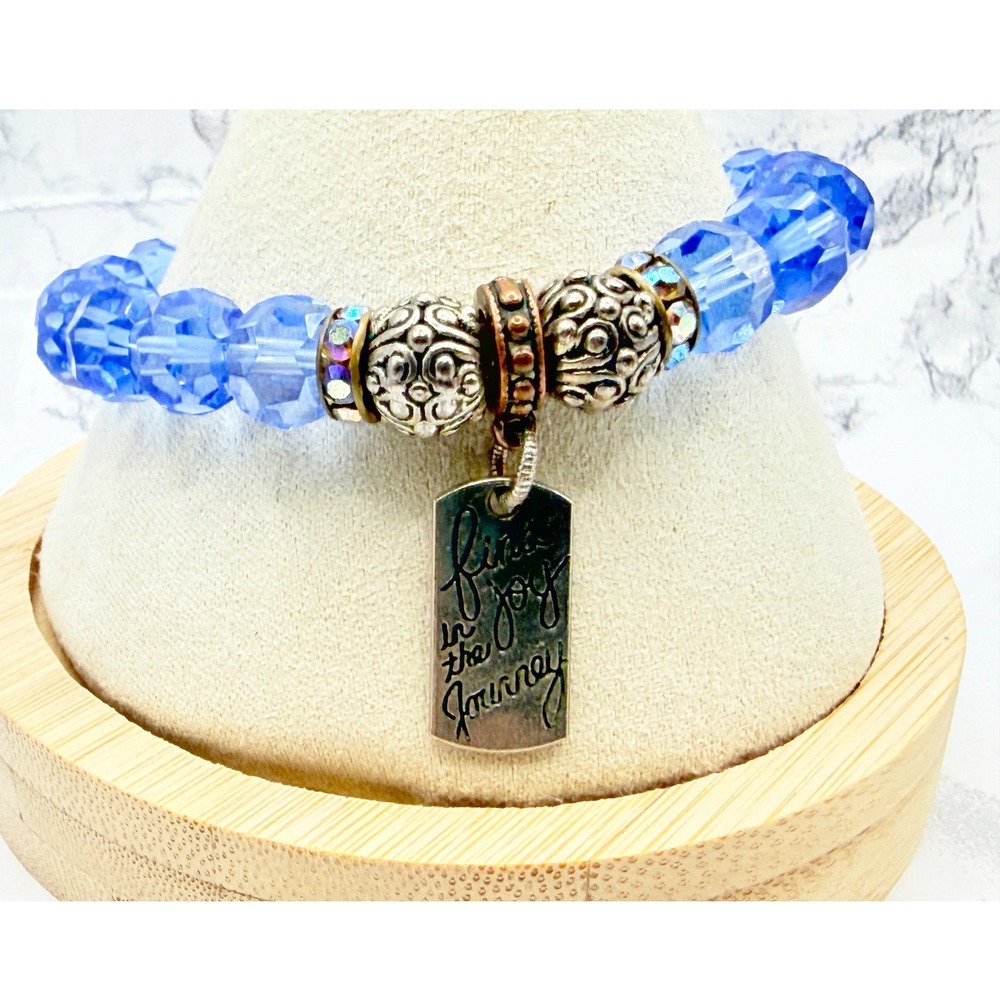 Blue Faceted Glass Bead Stretch Bracelet Inspirational Quote Charm